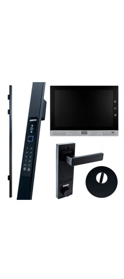 Sanyo D701 USmart Go замок на дверь | Алюминиевый сплав, сталь, пластик, Черный матовый, глянцевый, Внешние: ручка-штанга - 1600/1800х40х52, Внутренние: дисплей - 158х75х35, ручка - 185х59х58