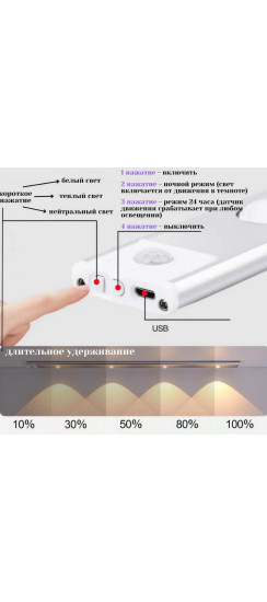 Светильник беспроводной плоский 50 см. | Пластик, Белый, 505 х 40 х 10 мм