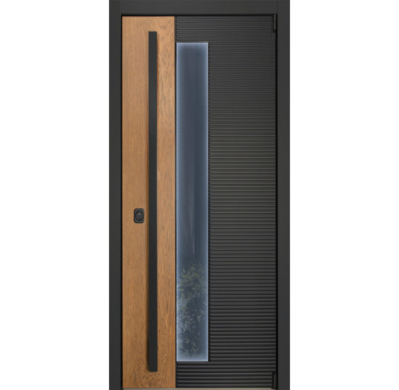 Стальная дверь "Century" с окном (терморазрыв). Заказная модель. | Два слоя покрытия металла: цинкогрунт, порошковое покрытие «муар черный». Два слоя влагостойкого покрытия МДФ панелей: масло Мербау, лак ПУ., 2050 х 880; 2050 х 960.