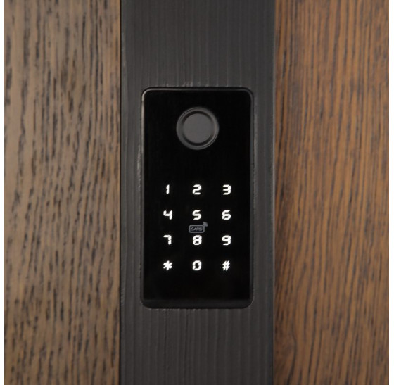 Стальная дверь "Tibr" (терморазрыв). Заказная модель. 2100х1700 | Два слоя покрытия металла: цинкогрунт, порошковое покрытие «муар черный». Два слоя влагостойкого покрытия МДФ панелей: масло Мербау, лак ПУ., 2100 х 1700 Основная створка 900 мм. 