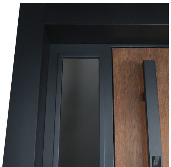 Стальная дверь "Tibr" (терморазрыв). Заказная модель. 2100х1700 | Два слоя покрытия металла: цинкогрунт, порошковое покрытие «муар черный». Два слоя влагостойкого покрытия МДФ панелей: масло Мербау, лак ПУ., 2100 х 1700 Основная створка 900 мм. 