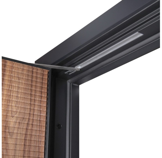 Стальная дверь "Century" с окном (терморазрыв). Заказная модель. | Два слоя покрытия металла: цинкогрунт, порошковое покрытие «муар черный». Два слоя влагостойкого покрытия МДФ панелей: масло Мербау, лак ПУ., 2050 х 880; 2050 х 960.