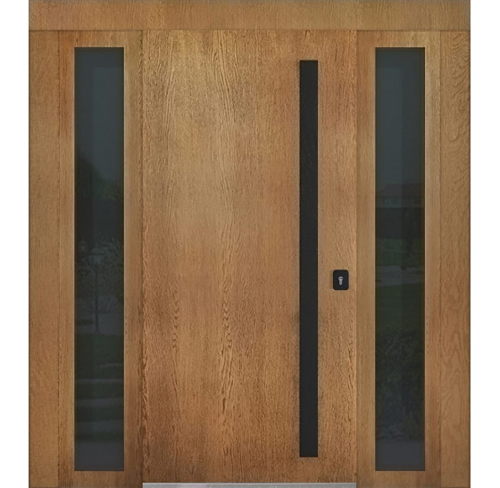 Стальная дверь "Tibr" (терморазрыв). Заказная модель. 2100х1700 | Два слоя покрытия металла: цинкогрунт, порошковое покрытие «муар черный». Два слоя влагостойкого покрытия МДФ панелей: масло Мербау, лак ПУ., 2100 х 1700 Основная створка 900 мм. 