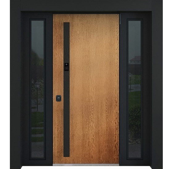 Стальная дверь "Tibr" (терморазрыв). Заказная модель. 2100х1700 | Два слоя покрытия металла: цинкогрунт, порошковое покрытие «муар черный». Два слоя влагостойкого покрытия МДФ панелей: масло Мербау, лак ПУ., 2100 х 1700 Основная створка 900 мм. 