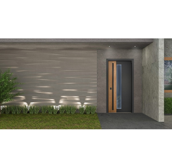 Стальная дверь "Century" с окном (терморазрыв). Заказная модель. | Два слоя покрытия металла: цинкогрунт, порошковое покрытие «муар черный». Два слоя влагостойкого покрытия МДФ панелей: масло Мербау, лак ПУ., 2050 х 880; 2050 х 960.