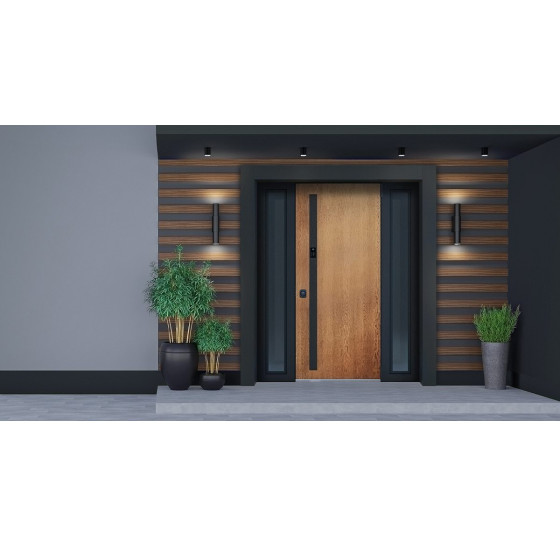 Стальная дверь "Tibr" (терморазрыв). Заказная модель. 2100х1700 | Два слоя покрытия металла: цинкогрунт, порошковое покрытие «муар черный». Два слоя влагостойкого покрытия МДФ панелей: масло Мербау, лак ПУ., 2100 х 1700 Основная створка 900 мм. 