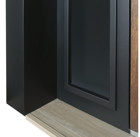 Стальная дверь "Tibr" (терморазрыв). Заказная модель. 2100х1700 | Два слоя покрытия металла: цинкогрунт, порошковое покрытие «муар черный». Два слоя влагостойкого покрытия МДФ панелей: масло Мербау, лак ПУ., 2100 х 1700 Основная створка 900 мм. 