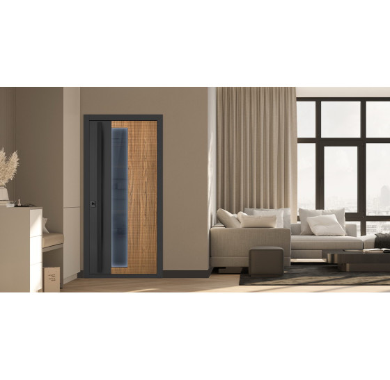 Стальная дверь "Century" с окном (терморазрыв). Заказная модель. | Два слоя покрытия металла: цинкогрунт, порошковое покрытие «муар черный». Два слоя влагостойкого покрытия МДФ панелей: масло Мербау, лак ПУ., 2050 х 880; 2050 х 960.