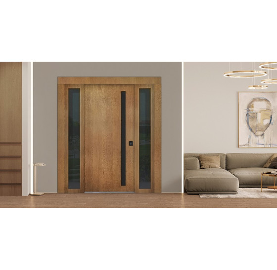 Стальная дверь "Tibr" (терморазрыв). Заказная модель. 2100х1700 | Два слоя покрытия металла: цинкогрунт, порошковое покрытие «муар черный». Два слоя влагостойкого покрытия МДФ панелей: масло Мербау, лак ПУ., 2100 х 1700 Основная створка 900 мм. 