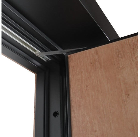 Стальная дверь "Tibr" (терморазрыв). Заказная модель. 2100х1700 | Два слоя покрытия металла: цинкогрунт, порошковое покрытие «муар черный». Два слоя влагостойкого покрытия МДФ панелей: масло Мербау, лак ПУ., 2100 х 1700 Основная створка 900 мм. 