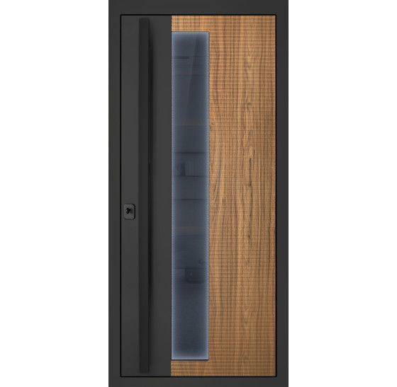 Стальная дверь "Century" с окном (терморазрыв). Заказная модель. | Два слоя покрытия металла: цинкогрунт, порошковое покрытие «муар черный». Два слоя влагостойкого покрытия МДФ панелей: масло Мербау, лак ПУ., 2050 х 880; 2050 х 960.