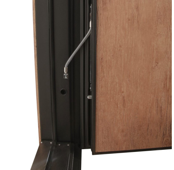 Стальная дверь "Tibr" (терморазрыв). Заказная модель. 2100х1700 | Два слоя покрытия металла: цинкогрунт, порошковое покрытие «муар черный». Два слоя влагостойкого покрытия МДФ панелей: масло Мербау, лак ПУ., 2100 х 1700 Основная створка 900 мм. 