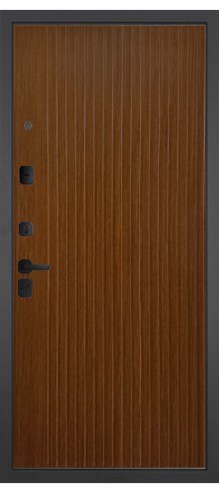 Дверь Гранит Пиано Эко | Внешняя МДФ-панель и наличники: цвет «Ель поперечная», черное стекло, 10мм.