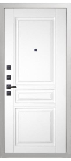 Дверь Гранит Роял белая с черной фурнитурой | Внешняя МДФ-панель и наличники: цвет «Белый», 10мм.