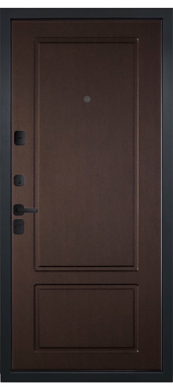 Дверь Гранит Пиано Эко | Внешняя МДФ-панель и наличники: цвет «Ель поперечная», черное стекло, 10мм.