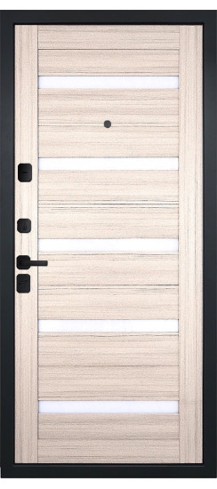 Дверь Гранит Пиано Эко | Внешняя МДФ-панель и наличники: цвет «Ель поперечная», черное стекло, 10мм.