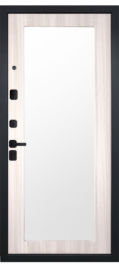 Дверь Гранит Пиано Эко | Внешняя МДФ-панель и наличники: цвет «Ель поперечная», черное стекло, 10мм.