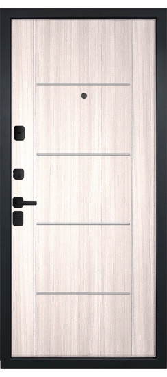 Дверь Гранит Пиано Эко | Внешняя МДФ-панель и наличники: цвет «Ель поперечная», черное стекло, 10мм.