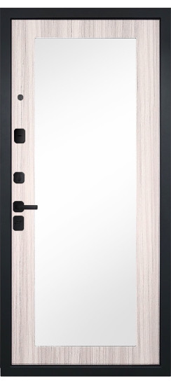 Дверь Гранит Пиано Эко | Внешняя МДФ-панель и наличники: цвет «Ель поперечная», черное стекло, 10мм.