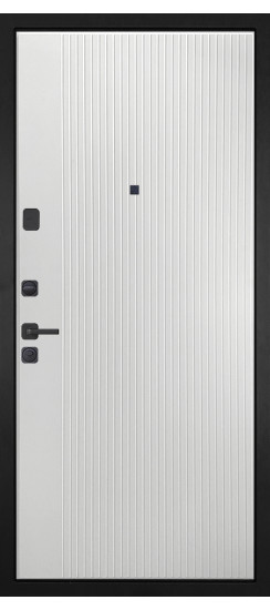 Дверь Гранит Пиано Эко | Внешняя МДФ-панель и наличники: цвет «Ель поперечная», черное стекло, 10мм.