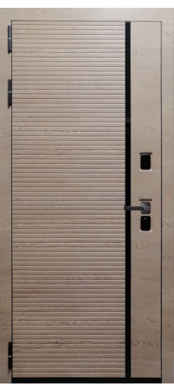 Дверь Гранит Пиано Эко | Внешняя МДФ-панель и наличники: цвет «Ель поперечная», черное стекло, 10мм.