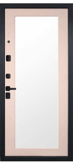 Дверь Гранит Пиано Эко | Внешняя МДФ-панель и наличники: цвет «Ель поперечная», черное стекло, 10мм.