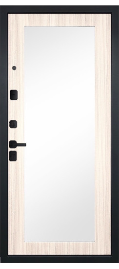 Дверь Гранит Пиано Эко | Внешняя МДФ-панель и наличники: цвет «Ель поперечная», черное стекло, 10мм.