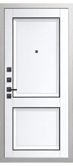 Дверь Гранит Роял белая с черной фурнитурой | Внешняя МДФ-панель и наличники: цвет «Белый», 10мм.