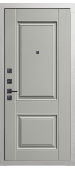 Дверь Гранит Роял белая с черной фурнитурой | Внешняя МДФ-панель и наличники: цвет «Белый», 10мм.