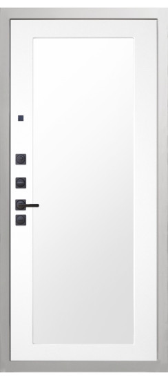 Дверь Гранит Роял белая с черной фурнитурой | Внешняя МДФ-панель и наличники: цвет «Белый», 10мм.