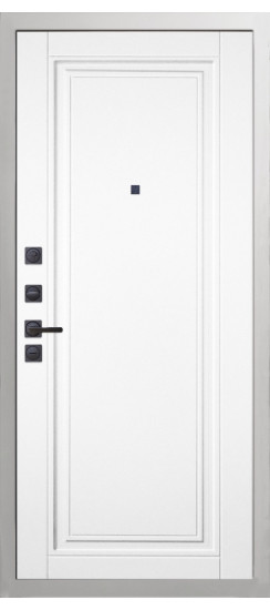 Дверь Гранит Роял белая с черной фурнитурой | Внешняя МДФ-панель и наличники: цвет «Белый», 10мм.
