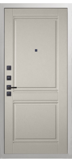 Дверь Гранит Роял белая с черной фурнитурой | Внешняя МДФ-панель и наличники: цвет «Белый», 10мм.