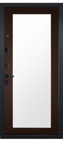 Дверь Гранит Пиано Эко | Внешняя МДФ-панель и наличники: цвет «Ель поперечная», черное стекло, 10мм.