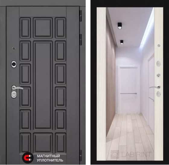 Входная дверь Нью-Йорк с Зеркалом Максимум - Сандал белый | Декоративная MDF панель 16 мм с наличником, цвет 