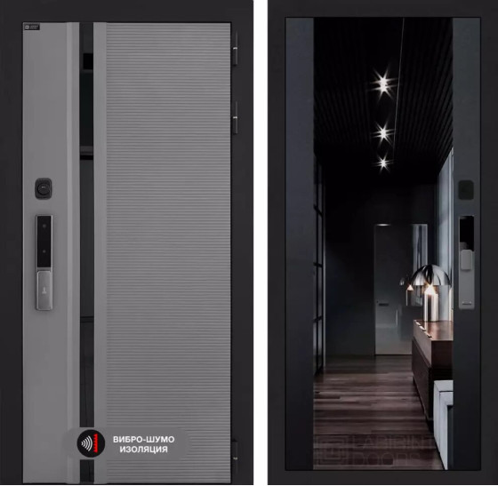 Входная дверь Пиано Смарт 2.0 с зеркалом (тонированное) Максимум - Черный кварц | Фрезерованная МДФ панель 10 мм, цвет 