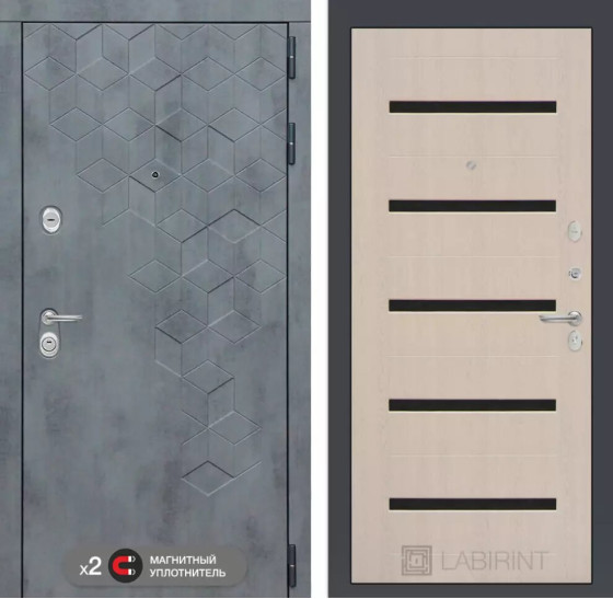 Входная дверь Бетон 01 - Беленый дуб, стекло черное | Современная декоративная MDF панель 10 мм с наличником, цвет 