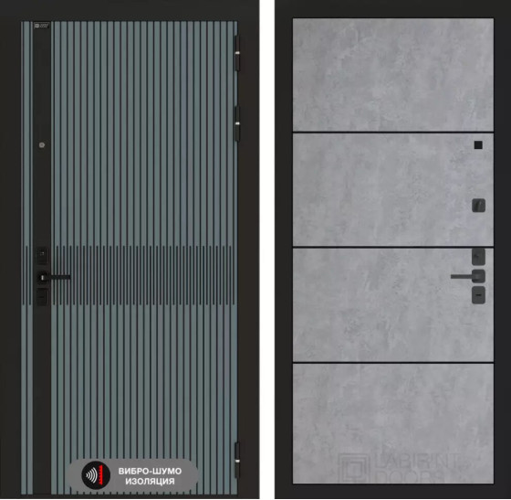 Входная дверь ISSIDA 25 - Бетон светлый, черный молдинг | Фрезерованная МДФ панель 10 мм, цвет 