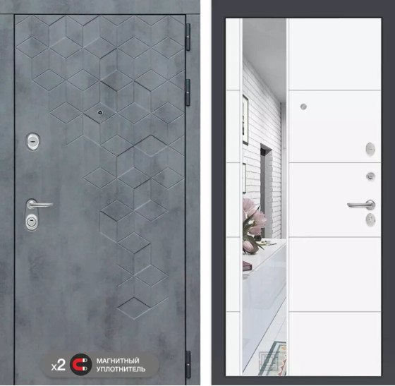 Входная дверь Бетон с зеркалом 19 - Белый софт | Современная декоративная MDF панель 10 мм с наличником, цвет 