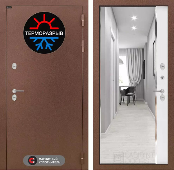 Входная дверь Термо Магнит с зеркалом Панорама - Белый софт | Металл с 2-х слойным покрытием. 1 слой - цинкосодержащий грунт, 2 слой - покраска 