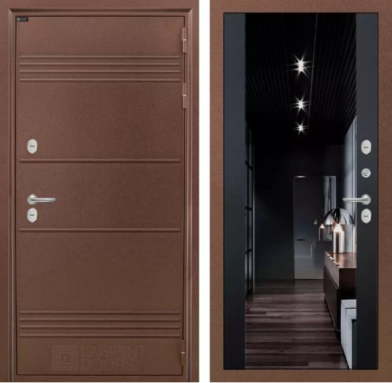 Входная дверь Термо Лайт с Зеркалом тонированным Максимум - Черный кварц | Металлическая отделка с давлением и фигурным наличником