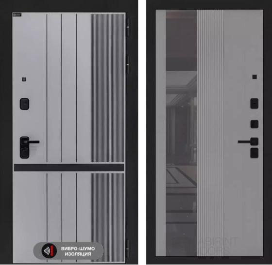 Входная дверь SKYLAB с Зеркалом 32 тонированным - Серый рельеф софт | Фрезерованная МДФ панель 10 мм, цвет 