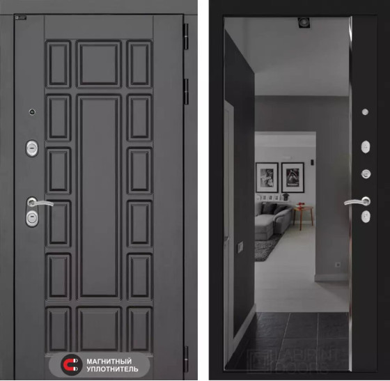 Входная дверь Нью-Йорк с зеркалом Панорама с тонировкой - Черный кварц | Декоративная MDF панель 16 мм с наличником, цвет 