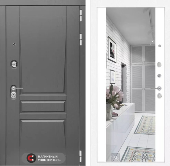 Входная дверь Платинум с Зеркалом Максимум - Белый софт | Декоративная MDF панель 16 мм с наличником, цвет 