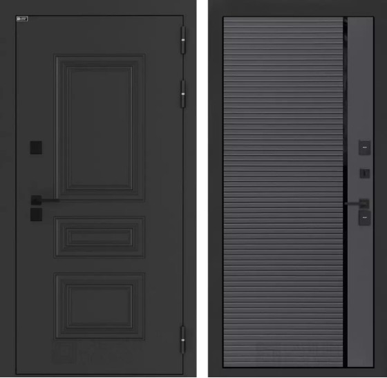 Входная дверь Аляска Лайт 22 - Графит софт, черная вставка | Металлическая отделка методом давления на полотне