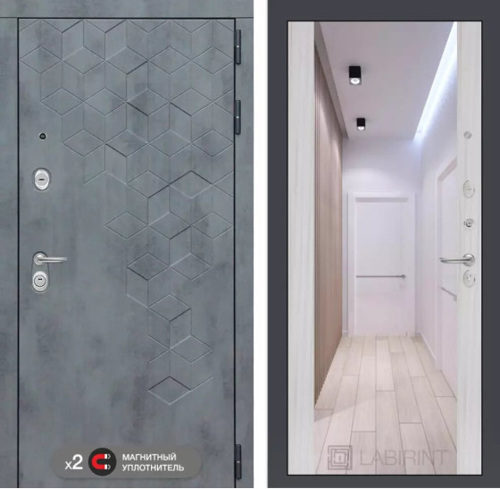 Входная дверь Бетон с зеркалом Максимум - Сандал белый | Современная декоративная MDF панель 10 мм с наличником, цвет 