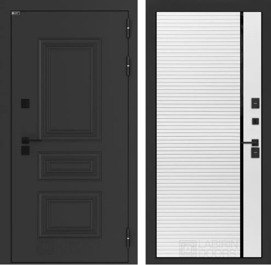 Входная дверь Аляска Лайт 22 - Белый софт, черная вставка | Металлическая отделка методом давления на полотне