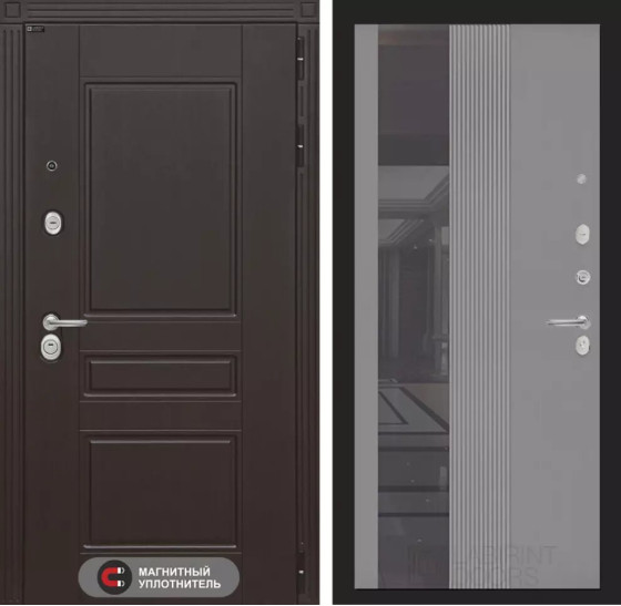 Входная дверь Мегаполис с Зеркалом 32 тонированным - Серый рельеф софт | Декоративная MDF панель 10 мм с фрезерованным наличником, цвет 