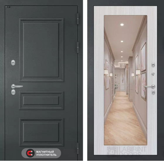 Входная дверь Атлантик с Зеркалом 18 - Сандал белый | Металлическая отделка 3D филенка