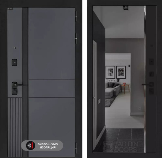 Входная дверь EVOLAB с зеркалом Панорама с тонировкой - Черный кварц | Фрезерованная МДФ панель 10 мм, цвет 