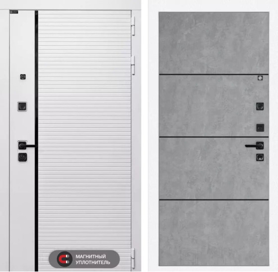 Входная дверь ROYAL 25 - Бетон светлый, черный молдинг | Современная MDF панель 10 мм с наличником, цвет 